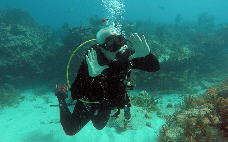 Scuba diver exploring a coral reef in clear Florida Keys waters near Islamorada.